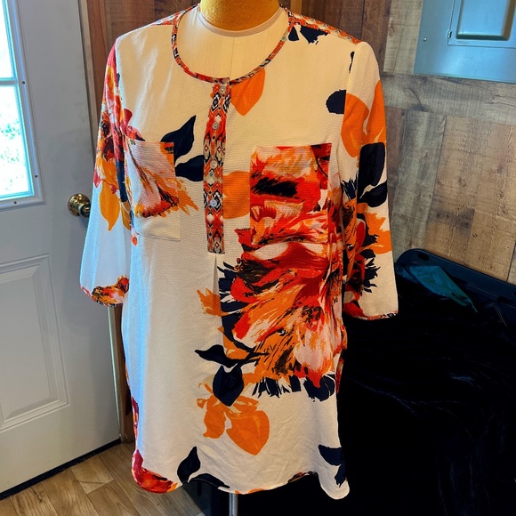 HOPE SPRINGS Tops - WOMEN'S LADIES SIZE LARGE LONG SHIRT BLOUSE TUNIC TOP CREAM ORANGE BLACK PRINT